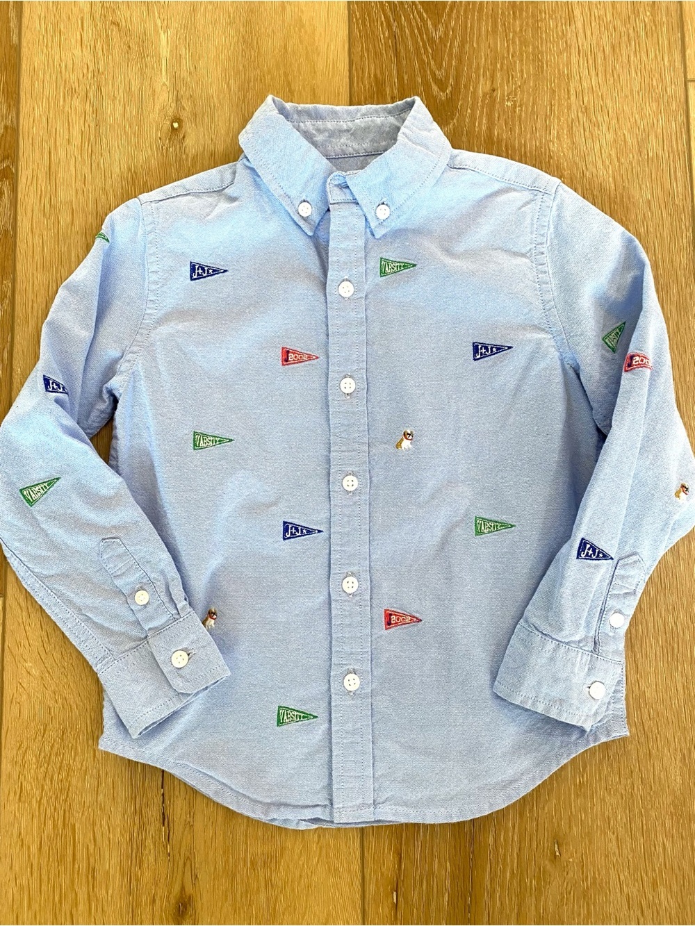 Janie and Jack Shirt Boy’s 4 Blue Embroidered Oxford Pennant Flags Preppy School